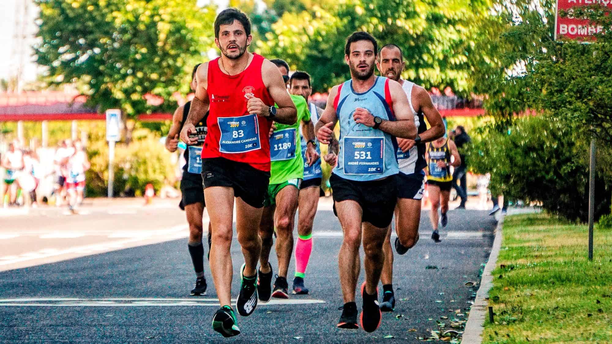 Group of runners racing on a tree-lined road