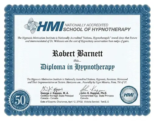 Robert Barnett diploma in hypnotherapy from HMI